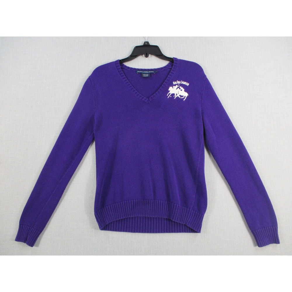Ralph Lauren Sport‎ Womens Purple Cotton V-Neck Big Pony Logo Sweater Large L